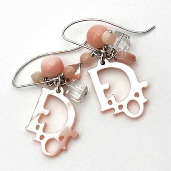 AUTH Christian Dior Rose Quartz Beaded Mother of Pearl Logo Hook Dangle Earrings - Picture 8 of 9